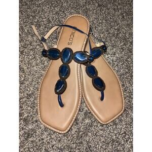 Chicos Blue Jeweled Strap Back T- Sandal boho chic Flat summer shoes sz 9M